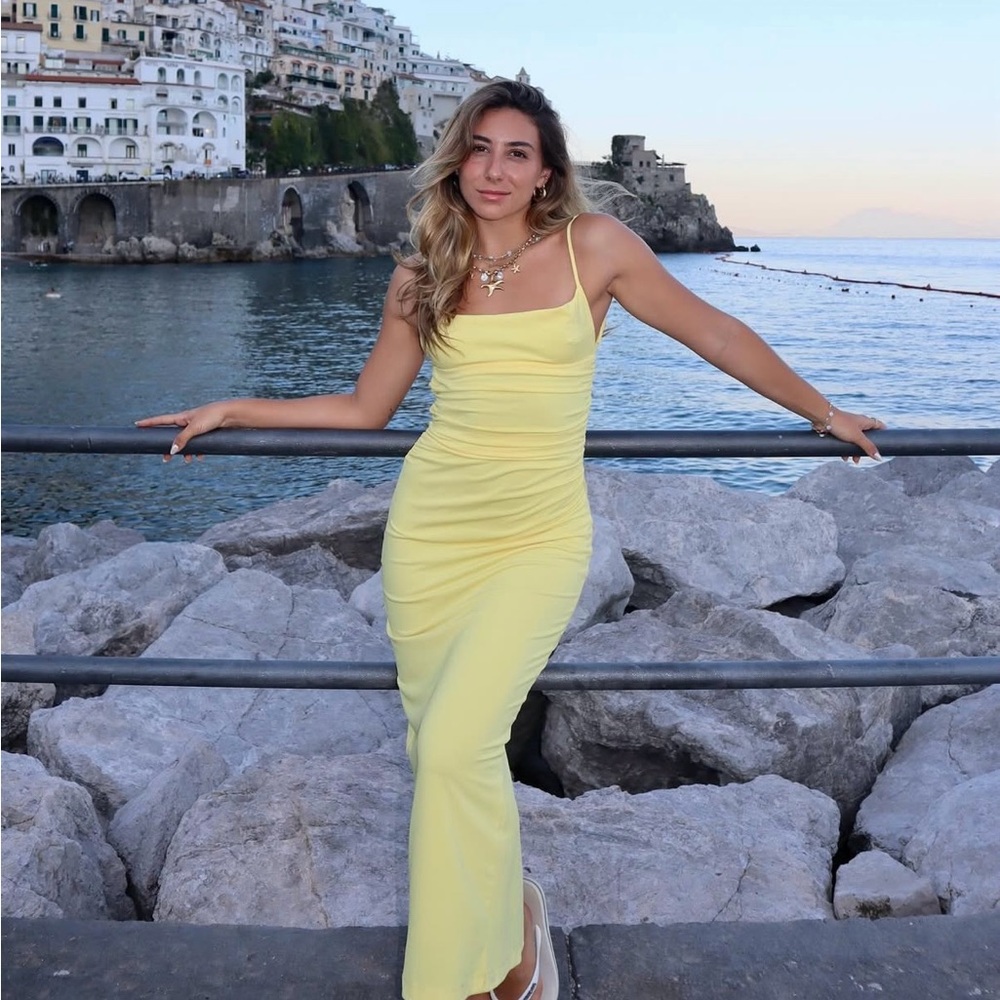 Zara dress maxi bodycon fitted butter Yellow Sleeveless open back wedding party